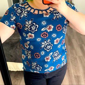 Blue Pink Flower Cutout Blouse Size Small